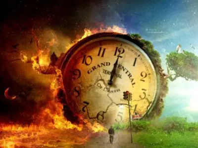 Surreal landscape with clock and contrasting elements.