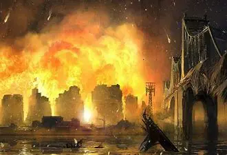 Burning cityscape with bridge in foreground.