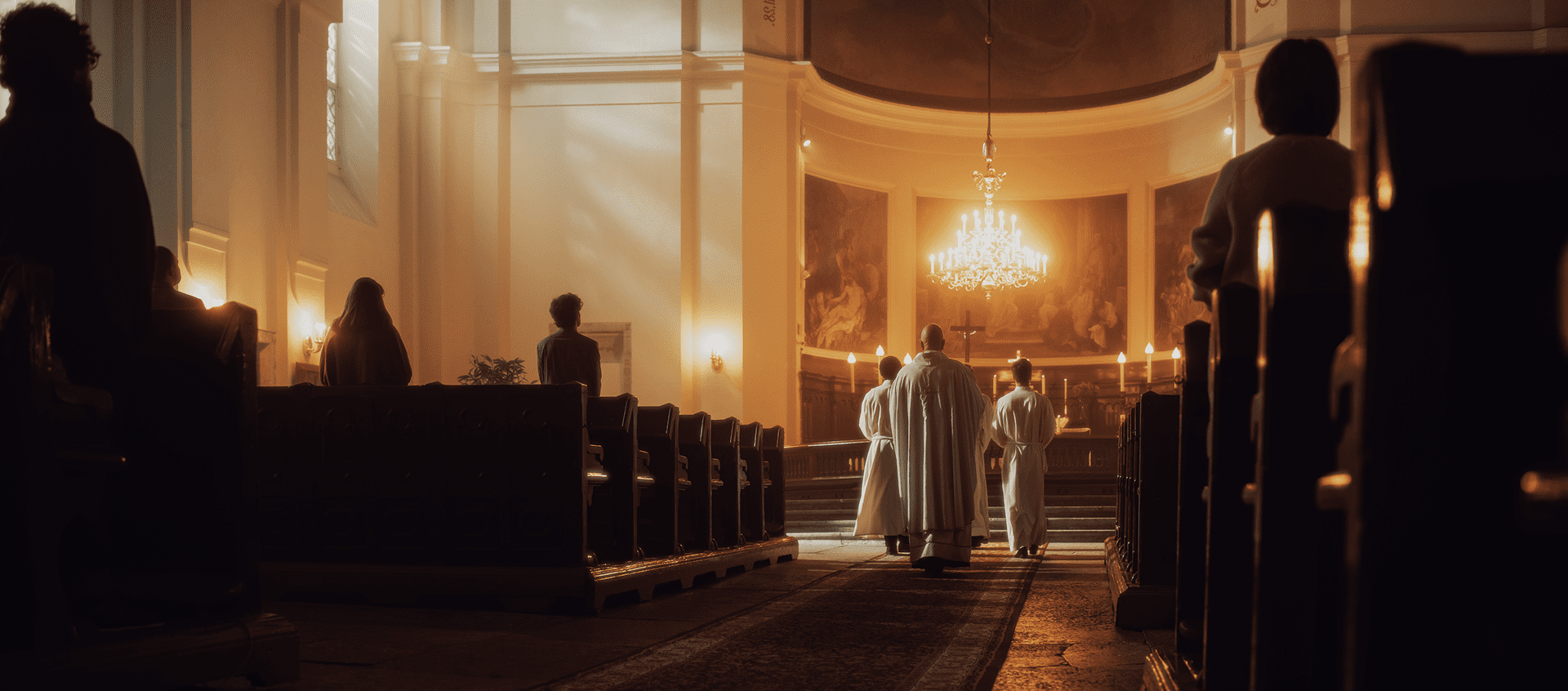 People in church with a chandelier above.
