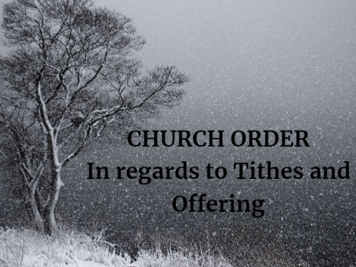 Snowy landscape with church order text.