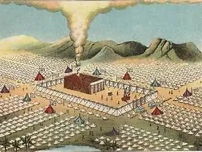 Ancient camp with tents and smoke rising.