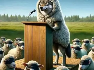 Wolf in sheep's clothing addressing blindfolded sheep.