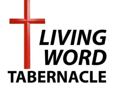 Red cross with "Living Word Tabernacle" text.