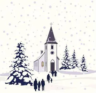 Snowy winter church with people walking