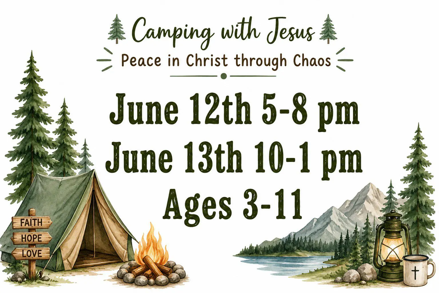 Kids camping with Jesus poster, tent and campfire