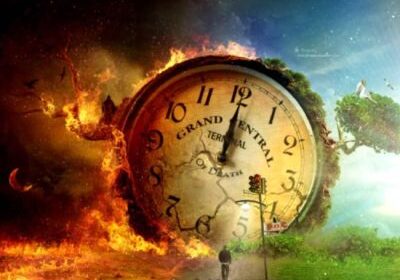 Surreal landscape with clock and contrasting elements.