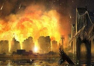 Burning cityscape with bridge in foreground.