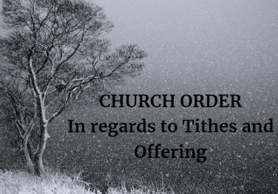 Snowy landscape with church order text.