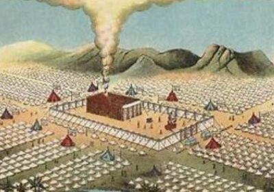 Ancient camp with tents and smoke rising.