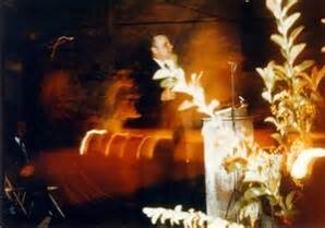 Blurry figure behind a podium with plants.