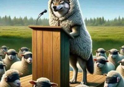 Wolf in sheep's clothing addressing blindfolded sheep.